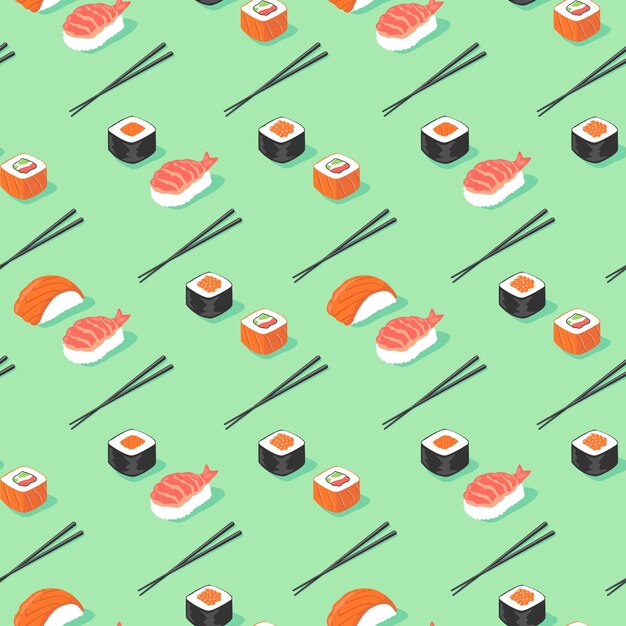 Variedad de sushi japonés plano con patrón inconsútil de palillos en fondo verde