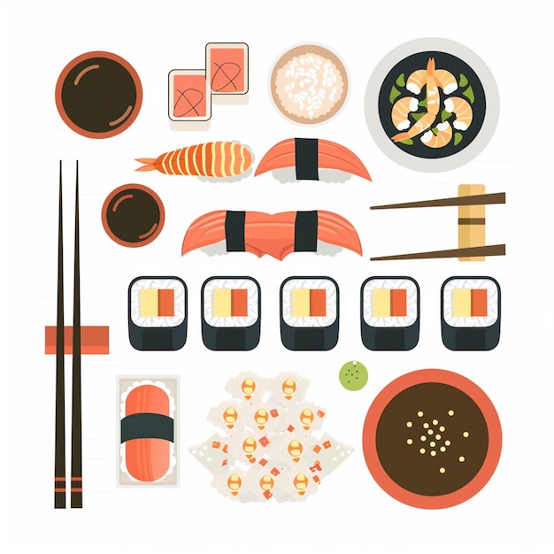 una variedad de sushi y sushi se muestran en un fondo blanco