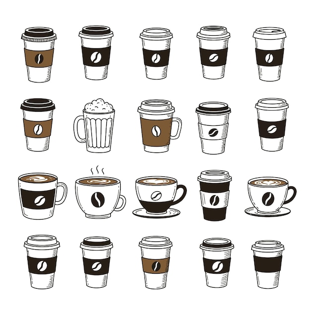 Una variedad de tazas y tazas de café en un estilo dibujado a mano