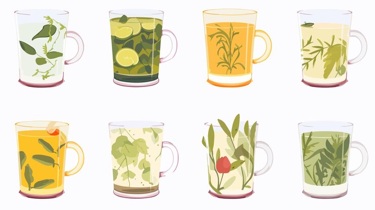 Vector variedad de tipos de té en la colección de vidrio