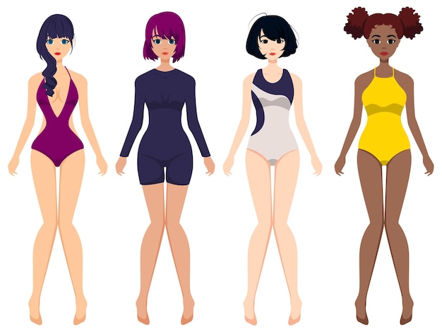 Vector variedad de trajes de baño y bikinis con lindas chicas.