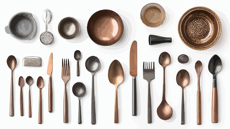 Vector una variedad de utensilios metálicos en la mesa ilustración aislada de vector plano