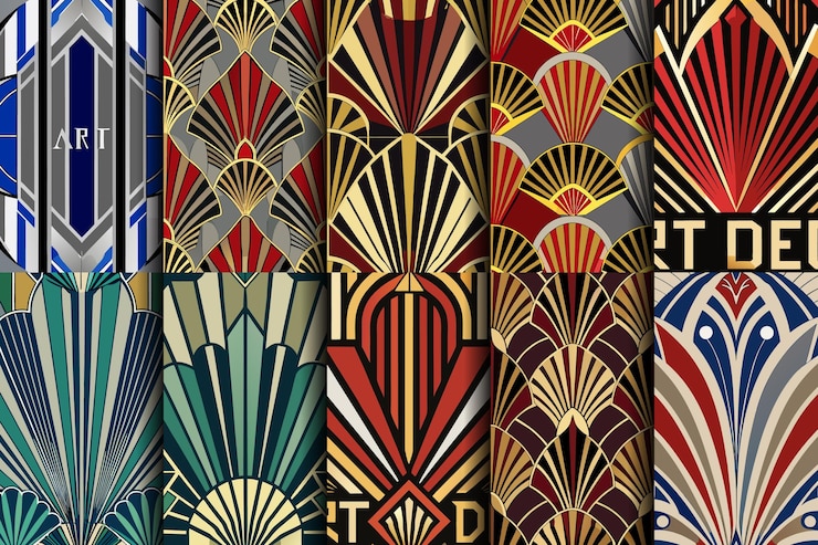 Vector una variedad de vibrantes patrones art deco que muestran diseños geométricos y colores ricos