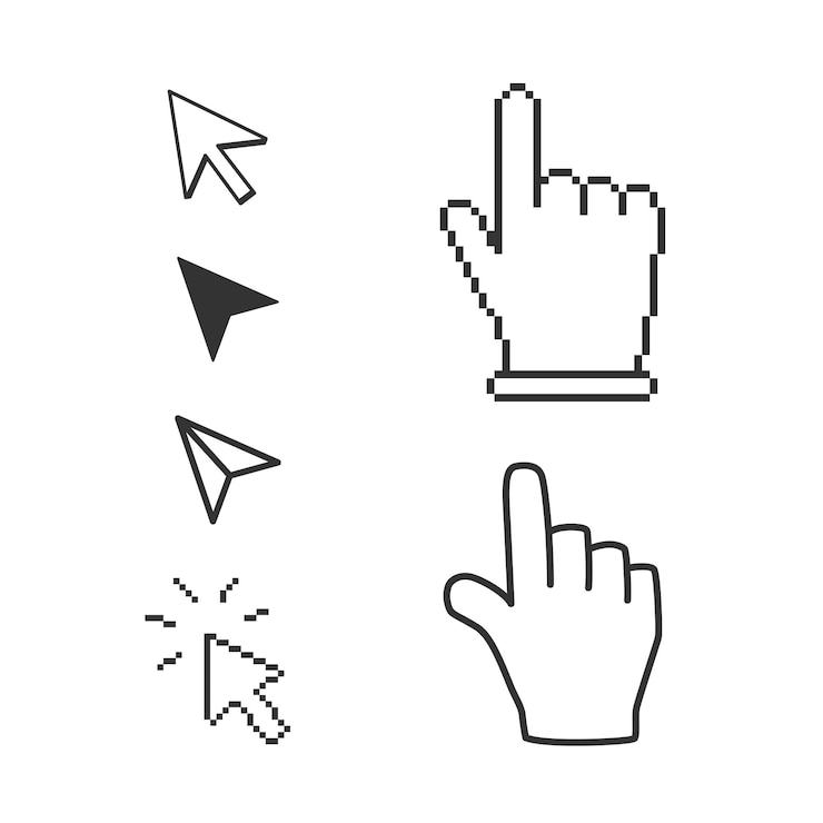 Vector variedades de cursores de los años 90 y y2k símbolo del ratón de computadora en la interfaz de la computadora conjunto retro de punteros y dedos índice ilustración vectorial