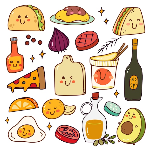 Vector varios alimentos y bocadillos kawaii doodle set