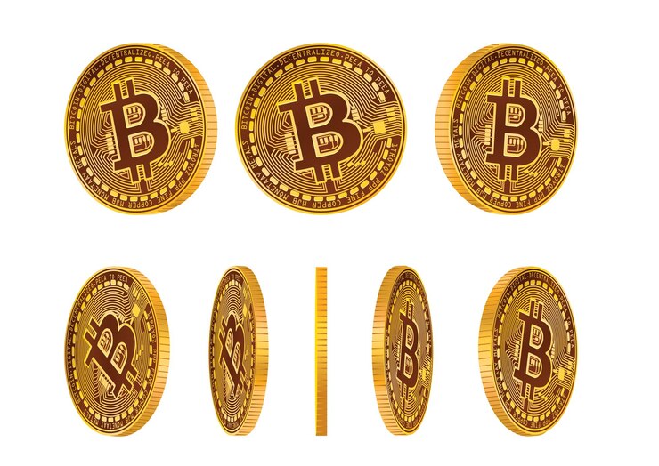 Vector varios ángulos de monedas de bitcoin que muestran el diseño de la moneda digital y las complejidades en un estilo 3d para la representación financiera