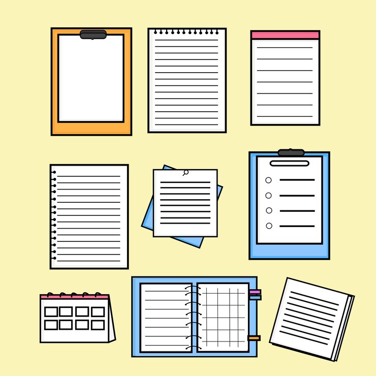 Varios artículos de papelería para tomar notas Tipos de notas y páginas Ilustración de vector de estilo de diseño plano