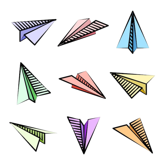 Vector varios aviones de papel dibujados a mano aviones de garabateo coloridos iconos de aviones siluetas de aviones simples