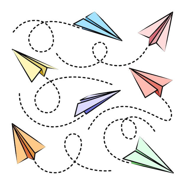 Varios aviones de papel dibujados a mano aviones de garabateo coloridos con línea de ruta punteada iconos de aviones siluetas de aviones simples arte de líneas de contorno ilustración vectorial