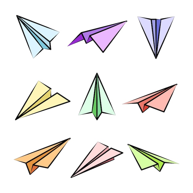 Varios aviones de papel dibujados a mano Aviones de garabatos coloridos Icono de avión siluetas de avión simples Contorno línea arte Ilustración vectorial