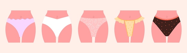 Varios calzoncillos de lencería femenina de estilo diferente en las chicas pantalones sexuales y de comodidad colección de ropa interior de dibujos animados visión vectorial de ropa femenina