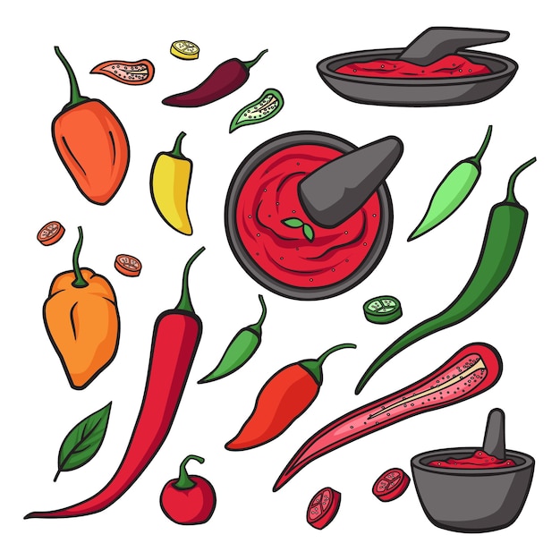 Varios chiles vegetales y salsa de chile sambal comida indonesia cocina garabato dibujado a mano