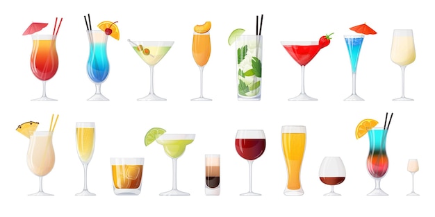 Varios cócteles y licores en vasos de dibujos animados