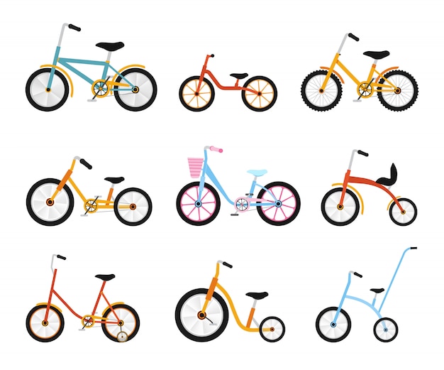 Varios colección de bicicletas para niños. bicicletas coloridas con diferentes tipos de cuadros. conjunto de ilustración plana.