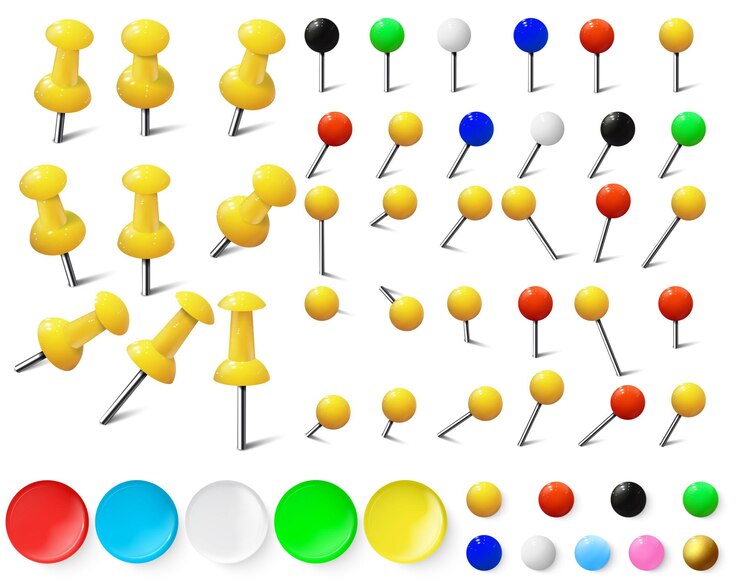 Vector varios colores de chinchetas, tachuelas de mapa y alfileres. conjunto de chinchetas de colores en diferentes escorzos.