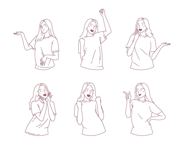 Varios comportamientos posan expresión feliz personaje femenino arte de línea dibujado a mano dibujo vectorial