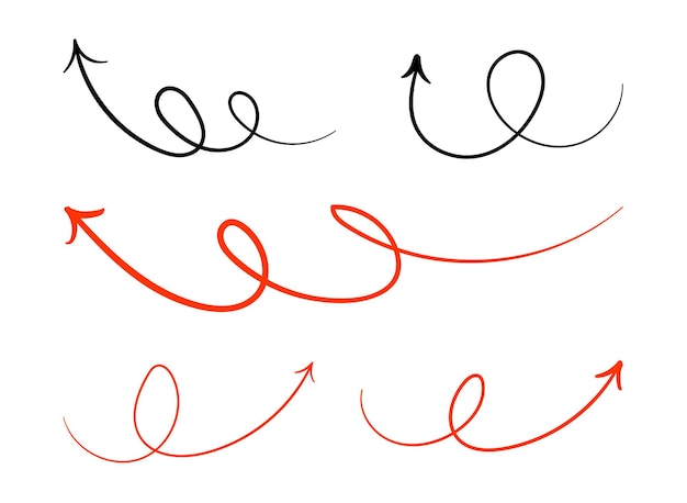 Varios conjuntos de flechas rojas y negras dibujadas con pluma vectorial de estilo dibujado a mano
