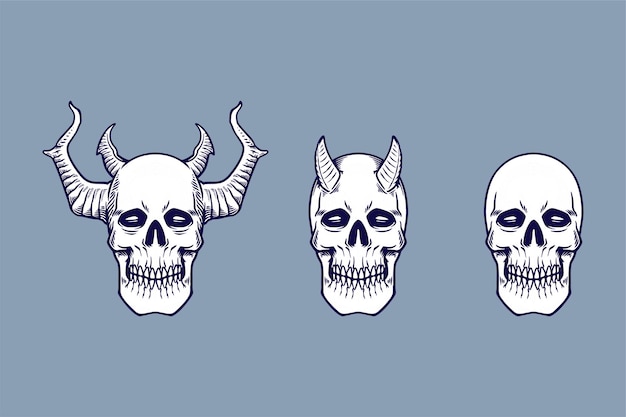 Varios cráneo39s cuerno vector ilustración conjunto estilo monocromo