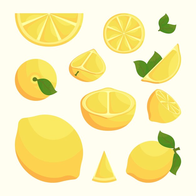 varios cuajados de frutas planas limón exótico postre natural dibujos animados aislados