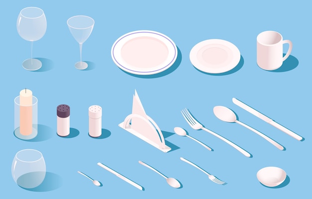Varios cubiertos y utensilios en una ilustración vectorial de fondo azul