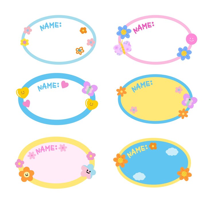 Varios diseños de bonitas etiquetas de nombre con flores de corazón, nubes de mariposa para la pegatina de regreso a la escuela