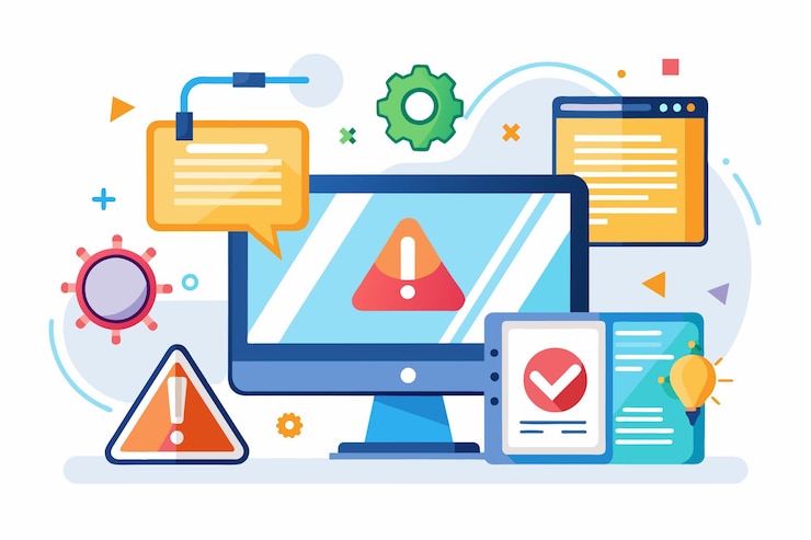 Vector varios dispositivos electrónicos, incluidos monitores de computadora y tabletas, corrección de errores y advertencias en sitios web y diagnóstico de computadoras digitales ilustración vectorial plana simple y minimalista
