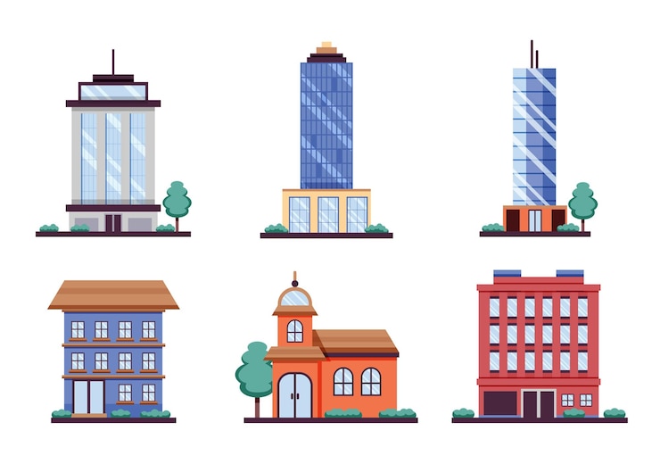 Vector varios edificios diseño plano icono vector ilustración