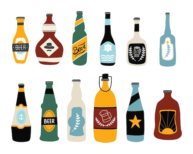 Varios elementos de diseño de garabato de botella de cerveza vintage
