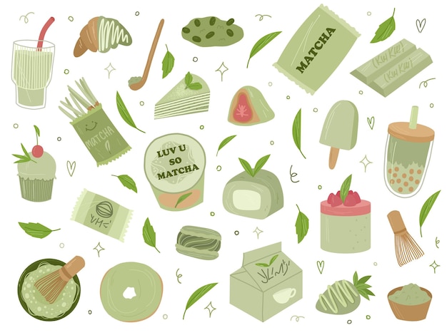 Varios elementos de diseño de té matcha orgánico. Matcha latte, cupcake, roll, powder, macarrón, té. Vector ilustración de dibujos animados dibujados a mano. Todos los elementos están aislados.