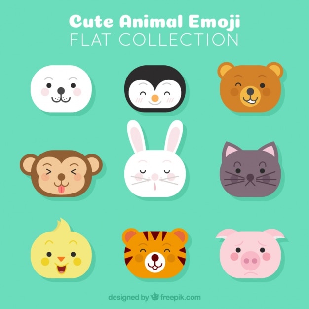 Varios emoticonos de animales en diseño plano