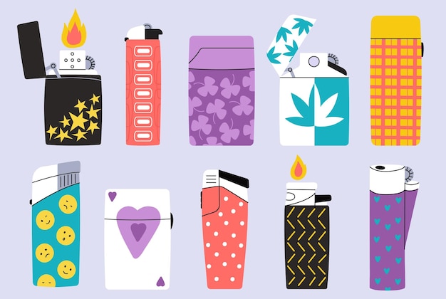 Varios encendedores decorativos Herramientas de humo metálico simple encendedor de gas plástico Accesorios de iluminación con llama dibujos animados aislados elementos vectoriales decentes para fumadores Ilustración de encendedor de fuego