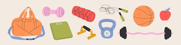 Varios equipos deportivos diferentes conjuntos aislados de inventario de fitness accesorios de gimnasio