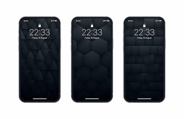 Varios fondos de pantalla negros geométricos 3D establecidos en la pantalla del teléfono móvil realista de la foto