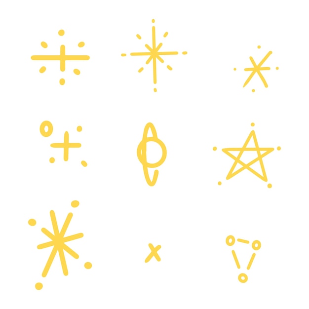 Varios garabates de estrellas y chispas dibujados a mano para el elemento e ilustraciónx9