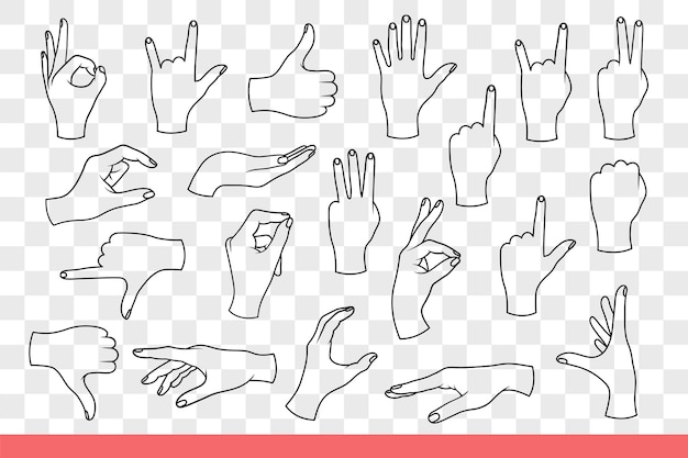 Varios gestos se hacen con las manos de la mujer señalando usando brazos dibujos a mano