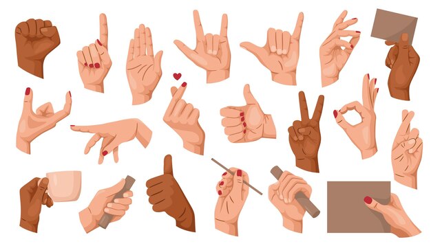 Varios gestos de la mano en una ilustración vectorial de conjunto colorido