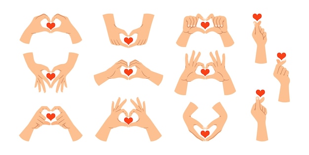 Varios gestos de las manos que forman formas de corazón con la imagen de corazón rojo simboliza el amor, el cuidado y el afecto