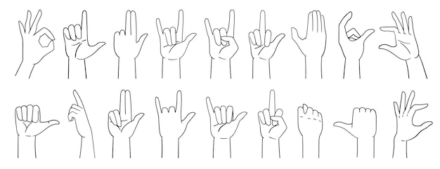 Varios gestos con las manos, signos con las manos, dibujados a mano con una línea. Ilustración de vector aislado en blanco.