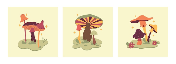 Vector varios hongos alucinógenos mágicos elementos lindos de fantasía hongos de dibujos animados retro en la hierba diseño moderno abstracto estilo hippie ilustración plana vectorial sobre un fondo aislado
