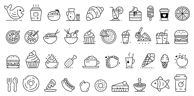 Varios iconos de alimentos y bebidas en un fondo blanco Ilustración vectorial