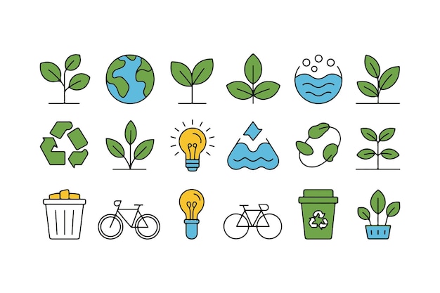 Varios íconos de la ecología, incluidas las plantas, los globos, la luz y las bicicletas, representan temas ambientales en blanco.