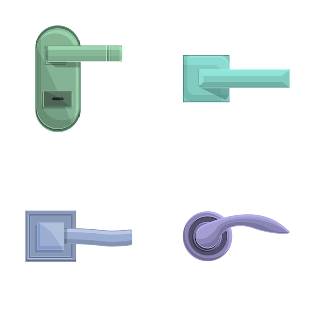 Varios iconos de manijas establecidos en el vector de dibujos animados Manijas para entrada y puerta interior