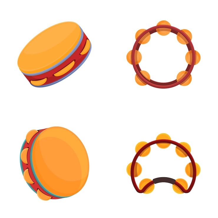 Vector varios iconos de pandereta establecidos vector de dibujos animados pandereta de madera étnica