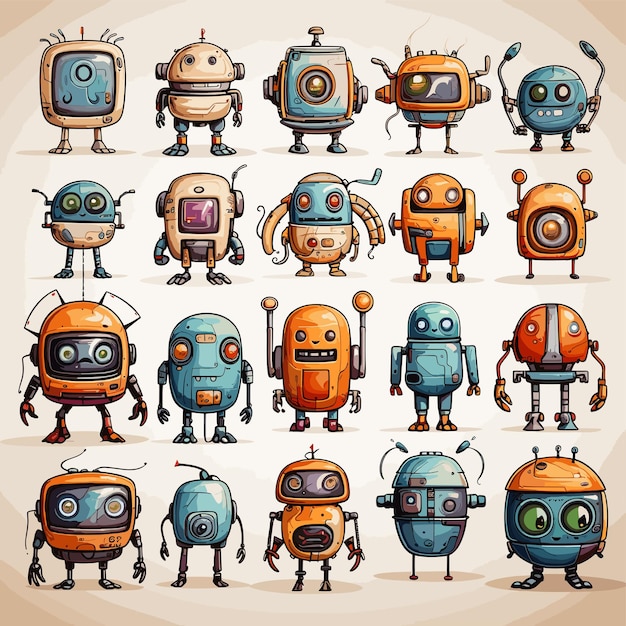 Vector varios iconos de robots en un fondo blanco