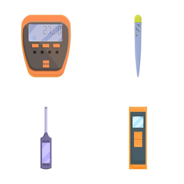 Varios iconos de termómetro establecidos en el vector de dibujos animados Dispositivo de contacto y sin contacto