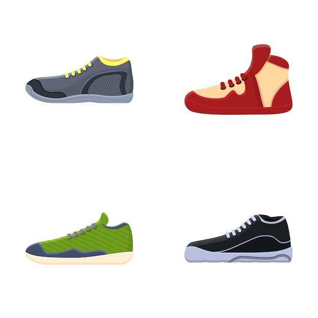 Varios iconos de zapatillas de deporte establecen el vector de dibujos animados Calzado para entrenamiento y correr