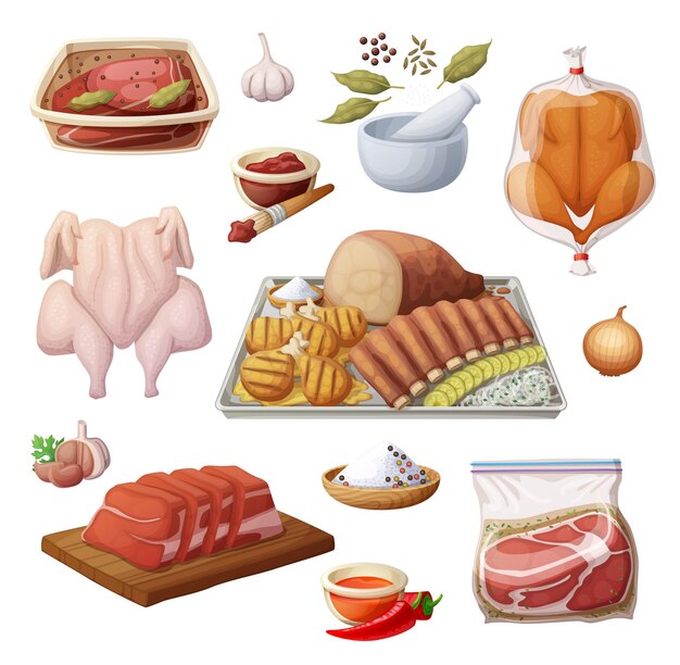 Varios ingredientes de carne para BBQ Texas medley ilustración aislada en fondo blanco dibujos animados