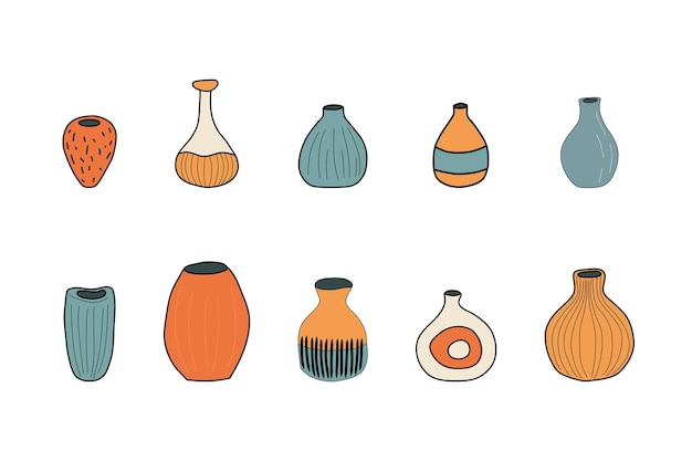Varios jarrones de cerámica dispuestos en diferentes formas dibujados a mano Ilustración vectorial aislada