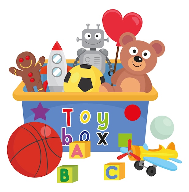 Vector varios juguetes para niños dentro y fuera de la caja de juguetes.