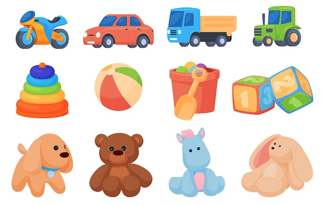 Vector varios juguetes para niños son suaves y de plástico juguetes coloridos para la habitación de los niños juegos para niños y niñas ilustración vectorial
